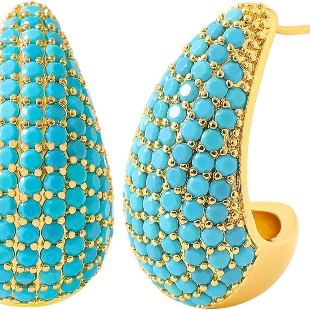 Turquoise Chunky Hoop Earrings Gold Silver Teardrop Water Drop Jewelry